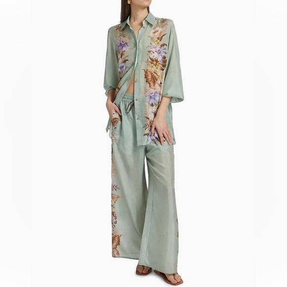 Zimmermann Tops - Final Zimmermann Coco Floral Silk Relaxed-Fit Shirt & Trousers Set Sage AU2 US8
